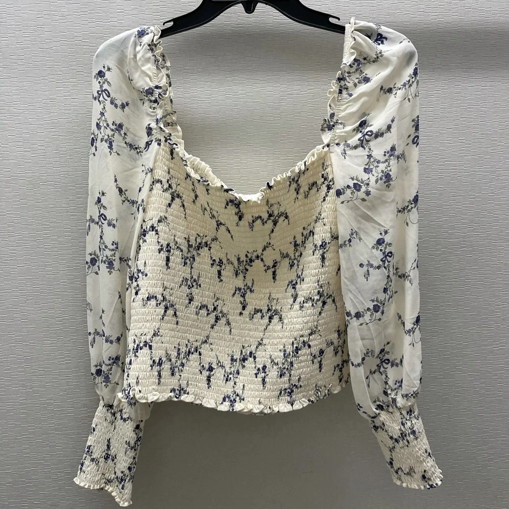 Reformation Cream Floral Smocked Square-Neck Top